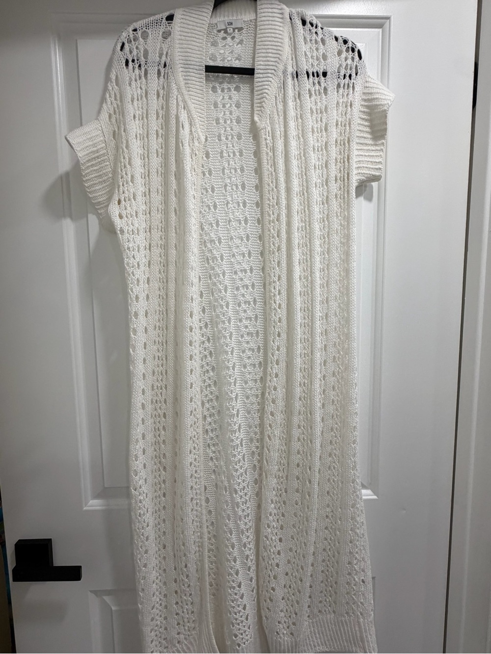 SOH White Open Knit Long Duster Cardigan Sweater Size P